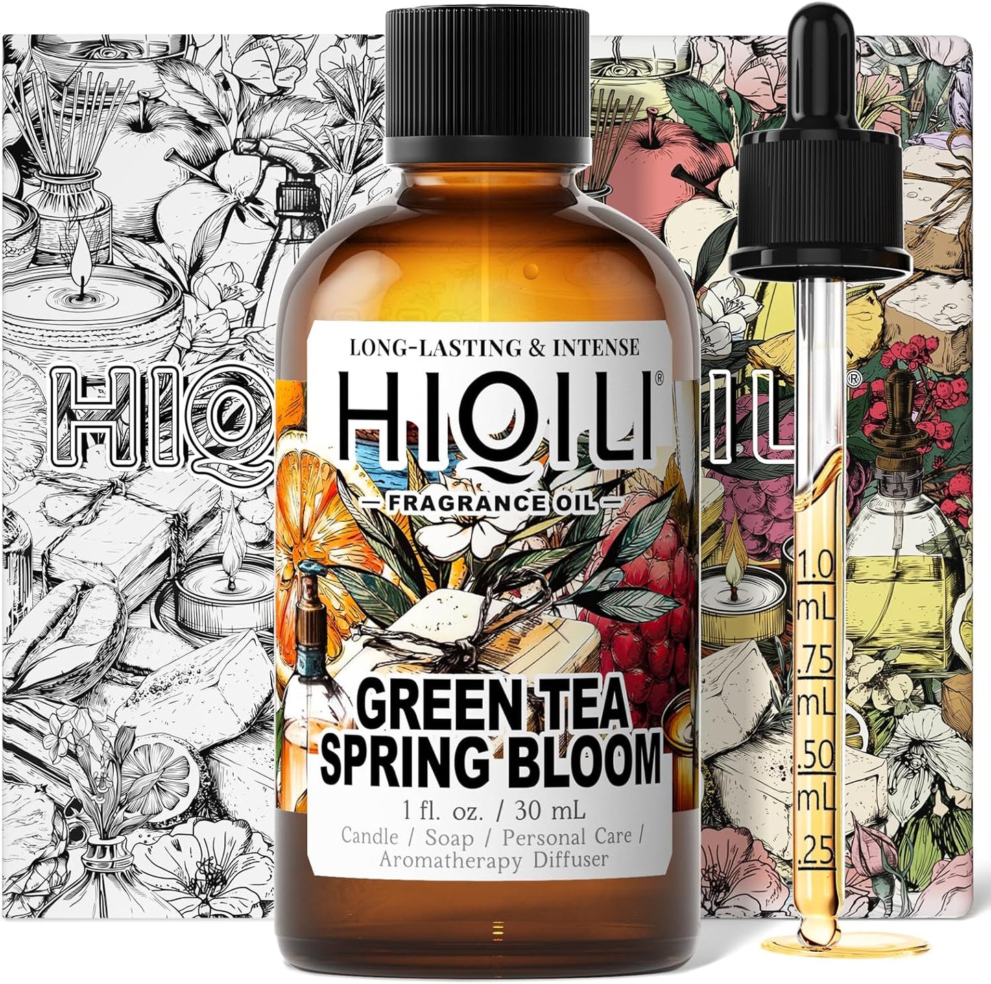 HIQILI Green Tea Spring Bloom Fragrance Oil for Diffuser, Inspired by Eliz.Ar-den Grn Tea, DIY Perfume, Candle, Soap Making, Long Lasting Uplifting & Crisp Scents - 1 Fl Oz