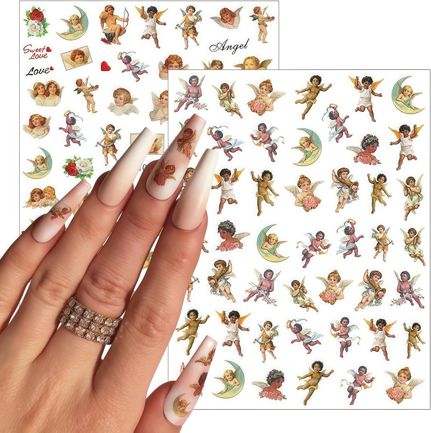 8 Sheets Angel Nail Art Stickers 3D Self-Adhesive Cupid Angel Rose Flowers Wings Heart Design Stickers Decals Valentine's for Women Acrylic DIY Manicure Salon Decoration Kits