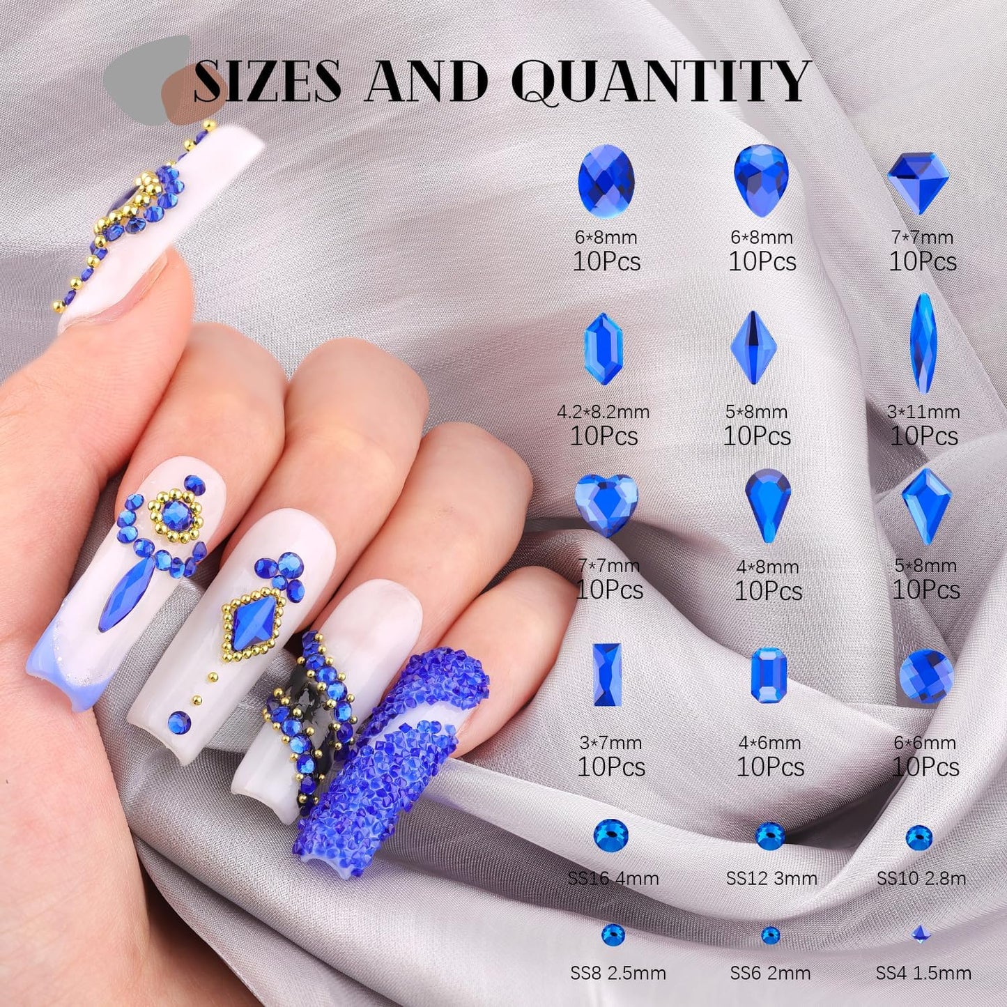 2680Pcs Royal Blue Glass Nail Rhinestones 120Pcs Multi Shapes Flatback Nail Gems + 2560Pcs 1.5-4mm Round Crystal, Manicure Nail Charms Diamond Gemstones for Acrylic Nails Decoration