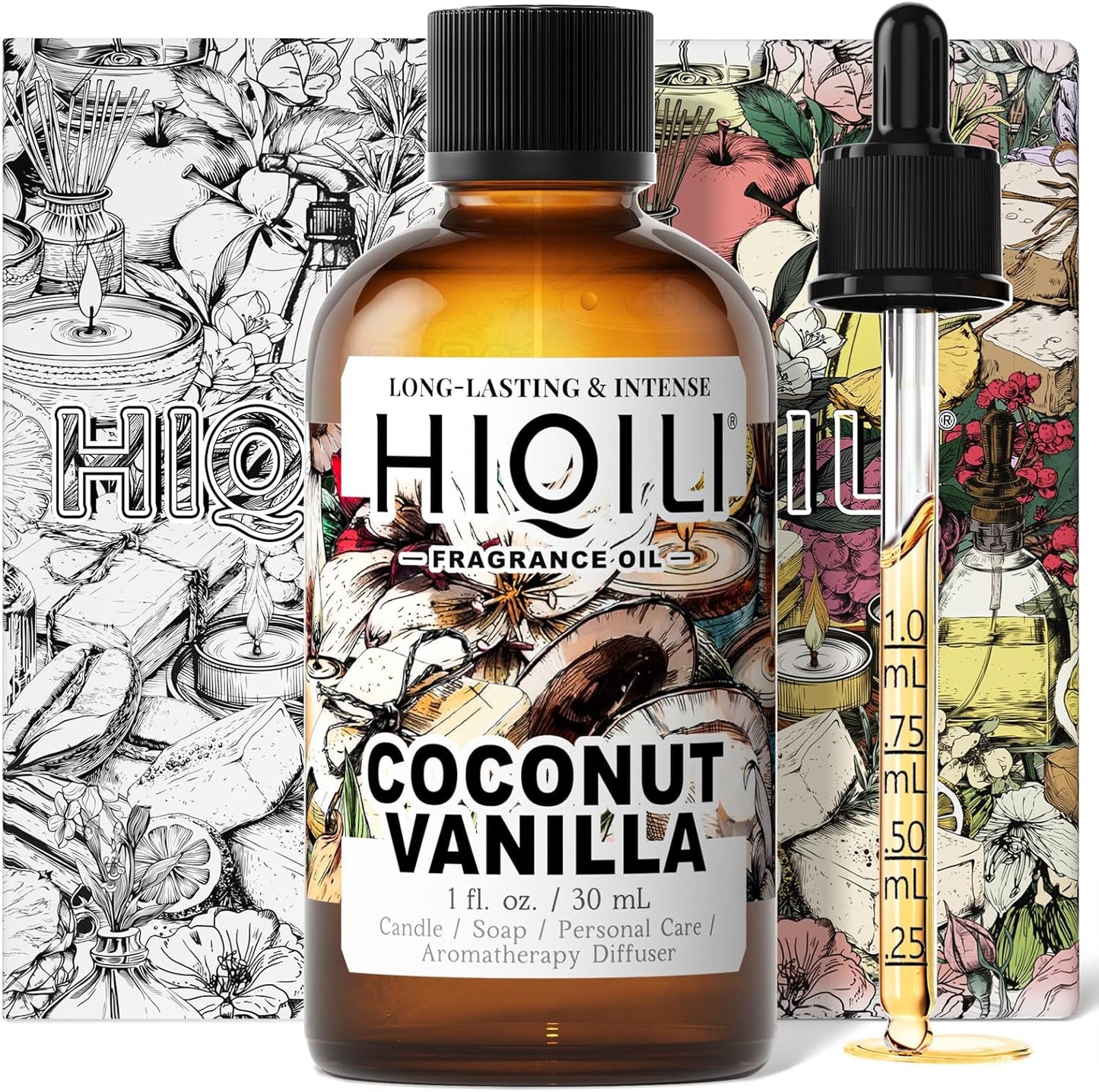 HIQILI Coconut Vanilla Fragrance Oil - for Candle Making, Soap Making, Essential Oil for Diffuser, Humidifier, Home& Hotel & Car Use - 1 Fl Oz