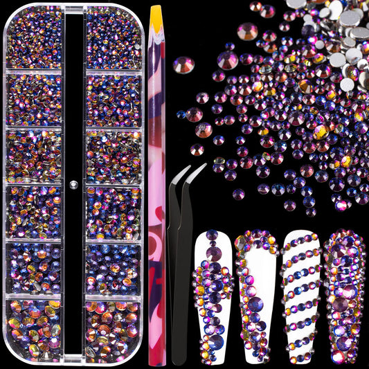 6 Sizes Iridescent Blue Glass Crystal Kit with Pickup Pen + Tweezer Tools for Shine Nail Art Manicure Makeup DIY Decoration Flatback Round Rhinestone Gem Jewelry Diamond