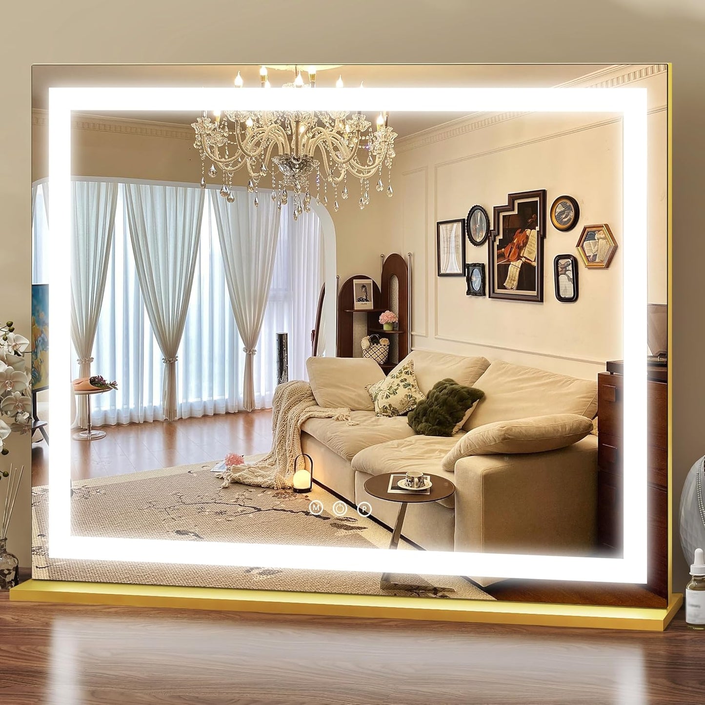 Gold Vanity Mirror with Lights 23x18 Inch, 3-Color Dimmable LED & Touch Control - Large Makeup Mirror for Dressing Room (Wall/Tabletop Mount)