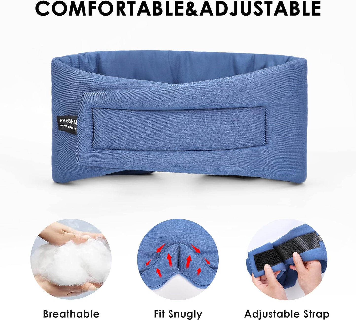 FRESHME Pure Handmade Cotton Sleep Mask - Blackout Eye Mask with Adjustable Velcro Soft and Comfortable Eye Blinder Shade for Men Women Travel Office Nap Airplane Blue