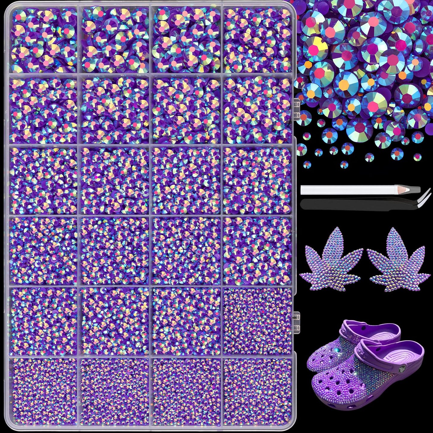 25000Pcs Resin Jelly Rhinestones with Tweezers for Crafting, 2-6mm Mixed Sizes (Dark Purple AB) Non Hotfix Flatback Gems, Bedazzling Crystal for DIY Crafts Clothing Tumblers Mugs Shoes Decor Nail Art