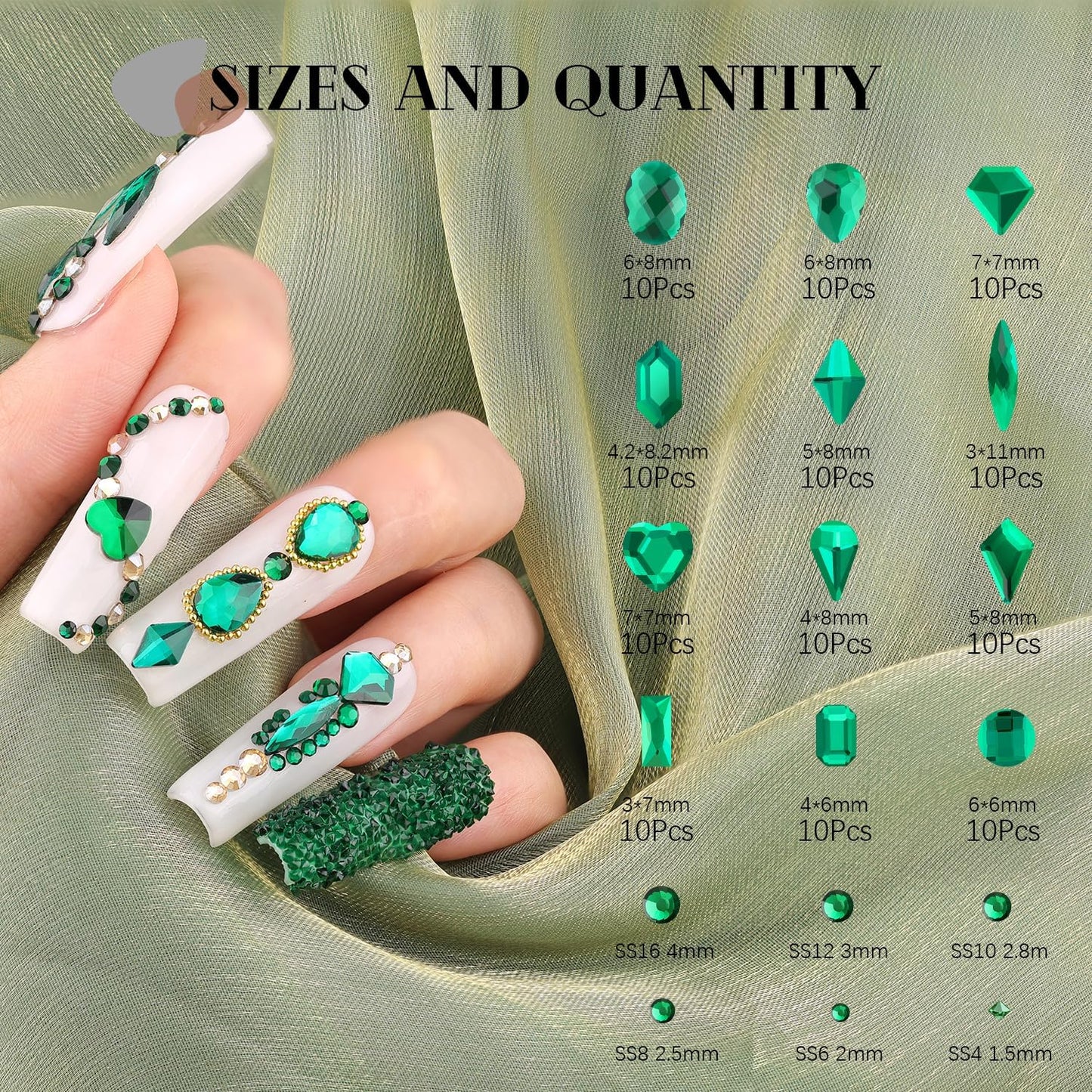 2680Pcs Emerald Green Glass Nail Rhinestones 120Pcs Multi Shapes Flatback Nail Gems + 2560Pcs 1.5-4mm Round Crystal, Manicure Nail Charms Diamond Gemstone for Acrylic Nails Decoration