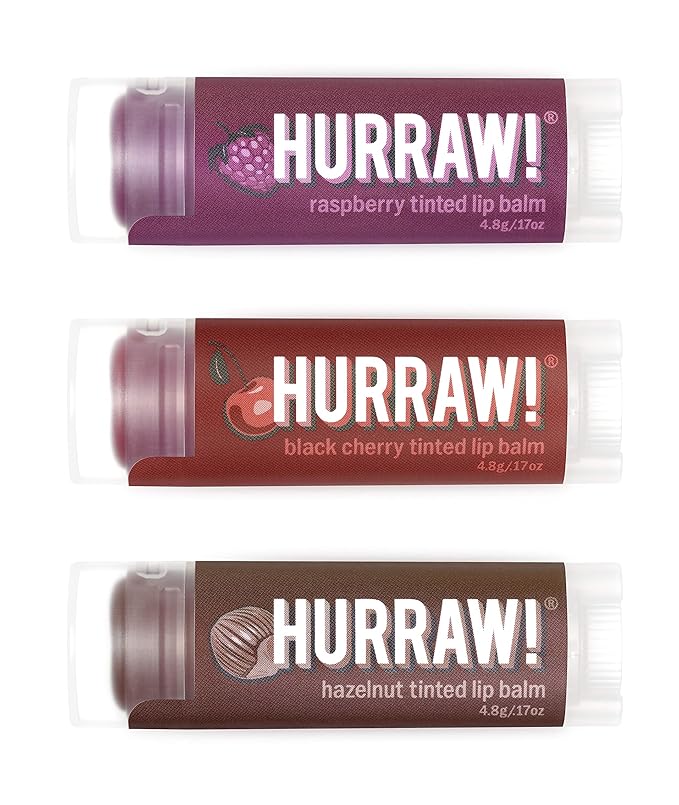 Hurraw! Raspberry Tinted, Black Cherry Tinted, Hazelnut Tinted Lip Balms, 3 Pack Bundle: Organic, Certified Vegan, Cruelty & Gluten Free. Non-GMO, 100% Natural. Bee, Shea, Soy & Palm Free. Made in USA