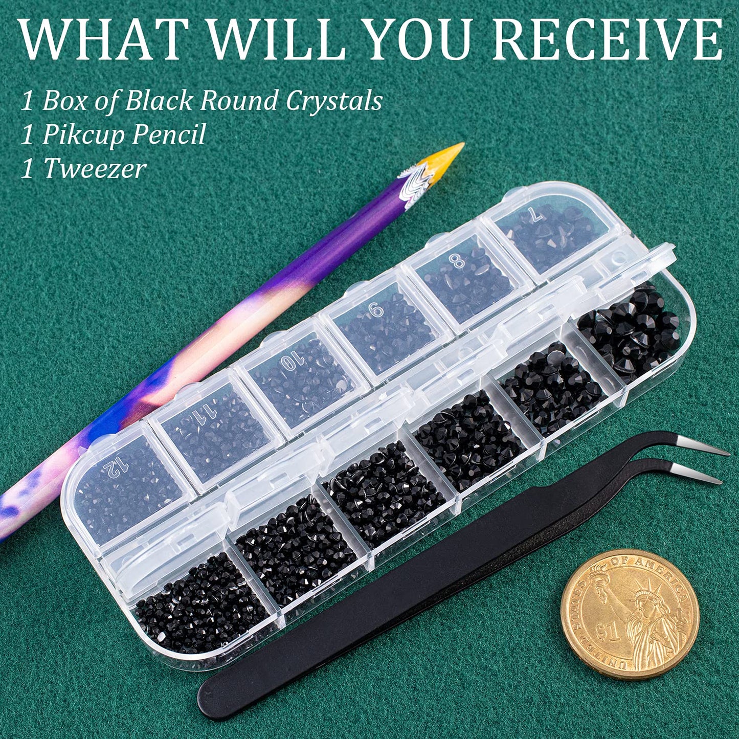 6 Sizes Black Glass Crystal Kit with Pickup Pen + Tweezer Tools for Shine Nail Art Manicure Makeup DIY Decoration Flatback Round Rhinestone Gem Jewelry Diamond