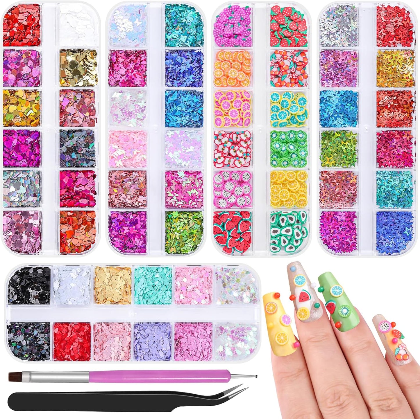 5 Boxes 60 Colors Holographic Nail Art Sequins Kit,Fruit Slice,Iridescent Sparkle Laser Hollow 3D Star Butterfly Heart Round Mixed-shapes Nail Glitter Flakes for Manicure Body Makeup(3-colorful-kit3)