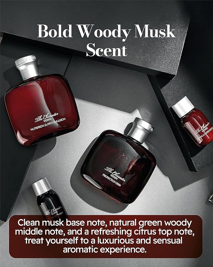 The Character Set (11.5fl oz) - Daily Skincare Kit for Men's Skin Protection & Rejuvenation by LG Beauty. Toner, Emulsion with Woody Musk Scent.