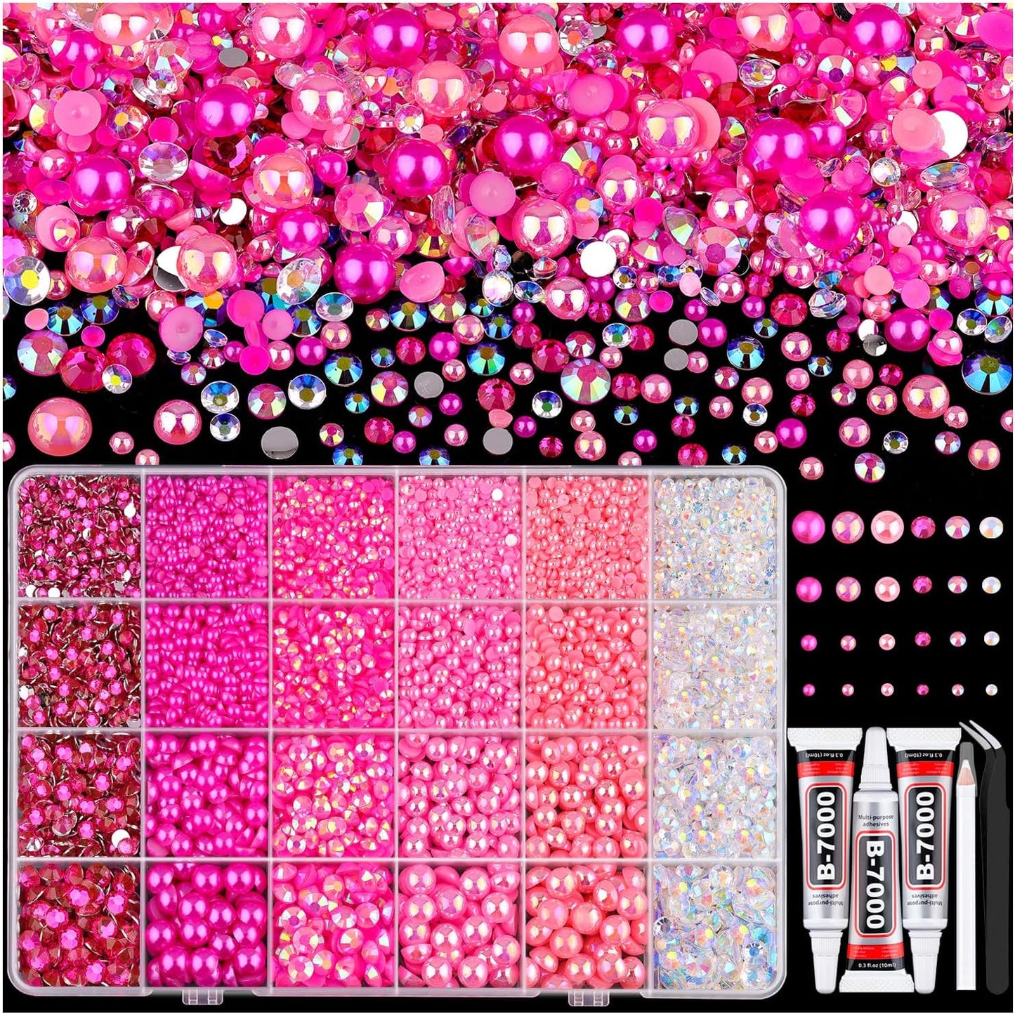 9000PCS Flatback Pearls and Rhinestones for Crafting, Dark Pink 3-10mm Resin Rhinestones and Half Pearls for Bedazzling, Nail Art and Dec with 3pcs B7000 Jewelry Glue, Tweezer and Pickup Pencil