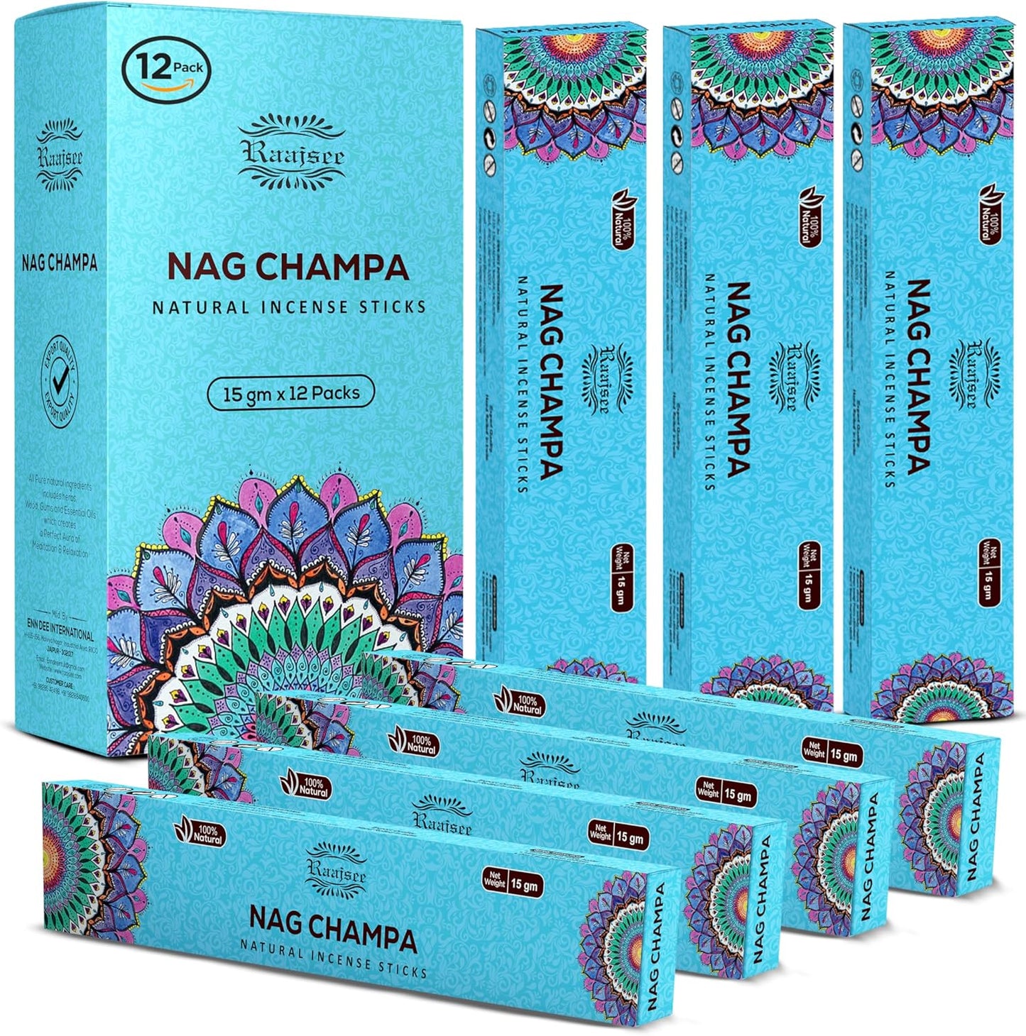 Raajsee Nag Champa Incense Sticks (180 gm), 100% Pure Organic Natural Hand Rolled Free from Chemicals - Nag Champa Incense is Perfect for Aromatherapy, Cleansing, Meditation (Pack of 12)