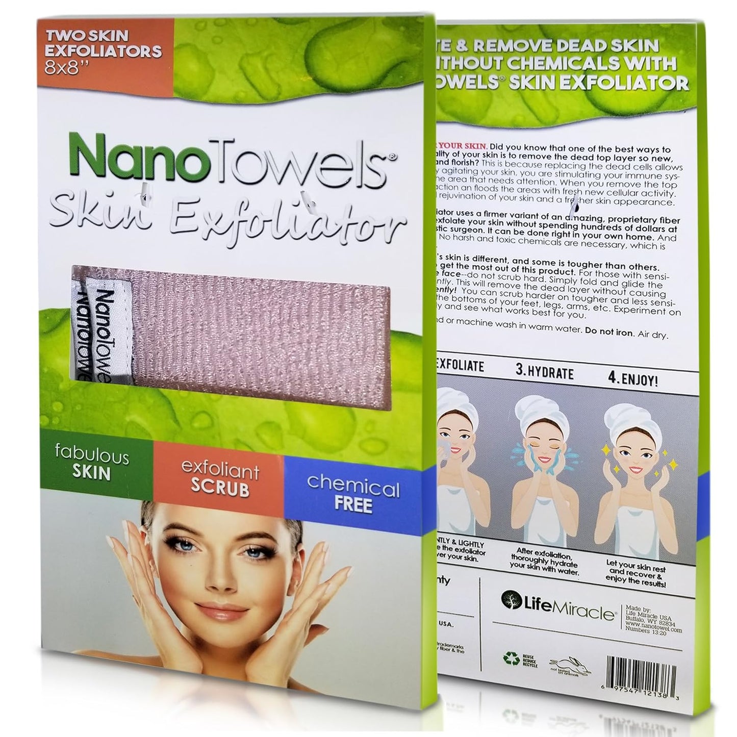 Nano Towels Skin Exfoliating Cleanser | Personal Microdermabrasion Face Wash, Pore Toner & Body Scrub Cloth | Chemical Free Dead Skin and Blackhead Remover. Korean Skin Care Secret | 2 Exfoliators