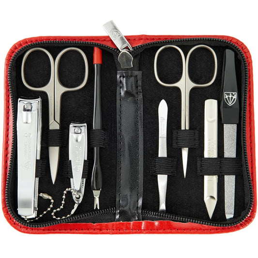 3 Swords Germany – brand quality 8 piece manicure pedicure grooming kit set for professional nail care with synthetic leather case red - Made in Germany
