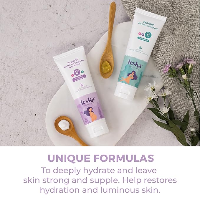 Leska Maternity Stages B & C Set | HYDRATE Belly Cream & RESTORE All-Over Toning Gel | Pregnant Moms Months 6-9 and Postpartum | Part of Complete 3-Part Maternity Skin Care System (Set of 2, 4oz each)