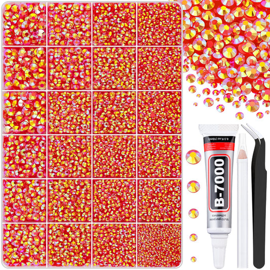 30000Pcs Red AB Rhinestones for Bedazzling with B7000 Jewelry Glue, Bedazzler Kit Flatback Gems, Resin Rhinestones for Crafting Crafts Clothing Shoes Fabric Nail Art Assorted Size 2/3/4/5/6mm