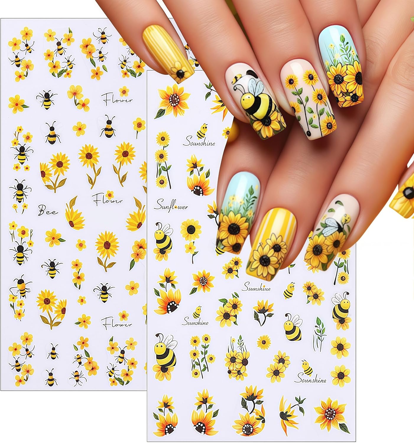 6 Sheets Bee Flower Nail Art Stickers 3D Self Adhesive Sunflower Stickers Yellow Floral Daisy Decals Spring Summer Nails Art Supplies Accessories for Women Girls DIY Manicure Decoration