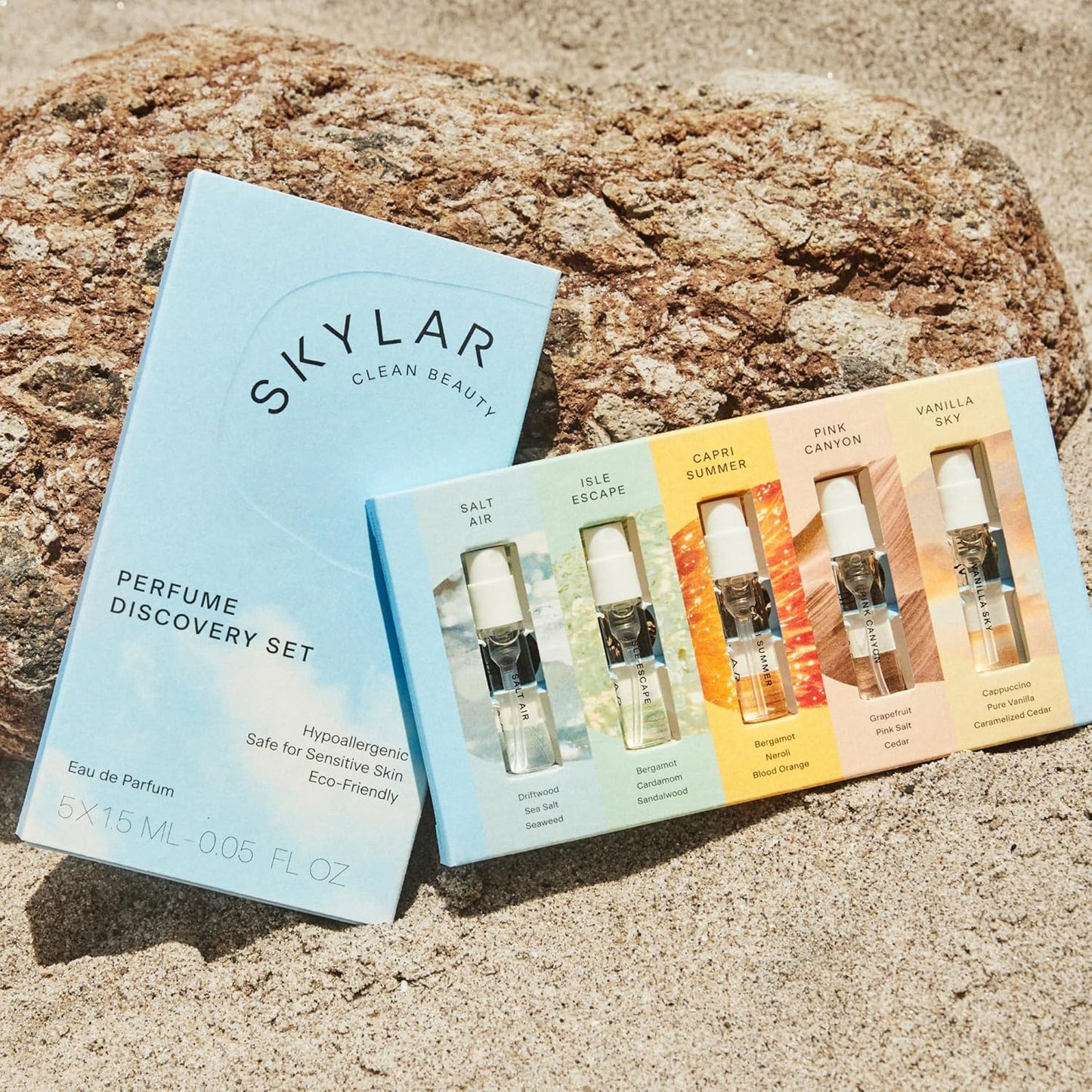 Skylar Perfume Discovery Spray Sampler Set - Salt Air, Isle Escape, Capri Summer, Pink Canyon, Vanilla Sky- Hypoallergenic & Clean Perfume for Women & Men - 5 1.5mL