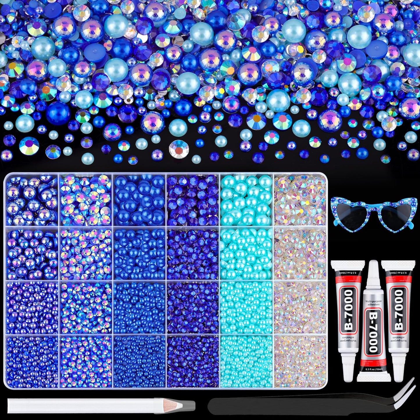 9000Pcs Flatback Pearls and Rhinestones for Bedazzling, Blue Series Mixed Size 3-8mm Resin Rhinestones and Half Pearls for Crafting, Nail Art and Grad Cap Decoration with 3pcs B7000 Jewelry Glue