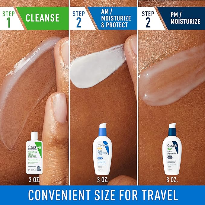 CeraVe AM Face Moisturizer with SPF, PM Face Moisturizer & Hydrating Face Wash Skin Care Routine for Morning & Night | Travel Size Toiletries | 3oz Lotion + 3oz Lotion + 3oz Cleanser
