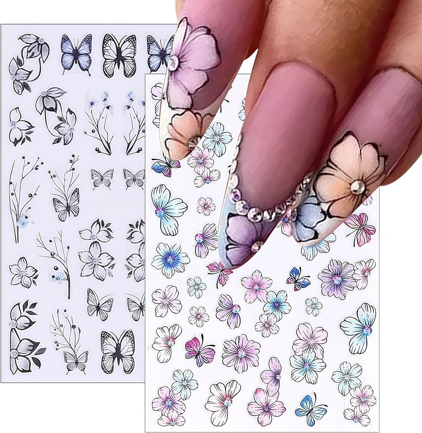 8 Sheets Butterfly Nail Stickers 3D Self-Adhesive Colorful Butterflies Decals Spring Summer Blue Butterfly Flower Designs Supplies for Women Girls DIY Manicure Decorations