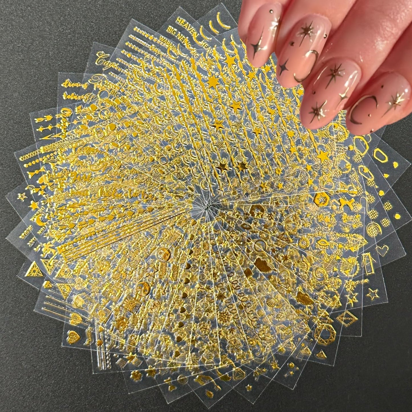 Gold Star Nail Art Stickers - 30 Sheets 3D Self-Adhesive Decals With Line and Heart Designs for Acrylic Nails - Art Supplies Decoration Accessories for Women