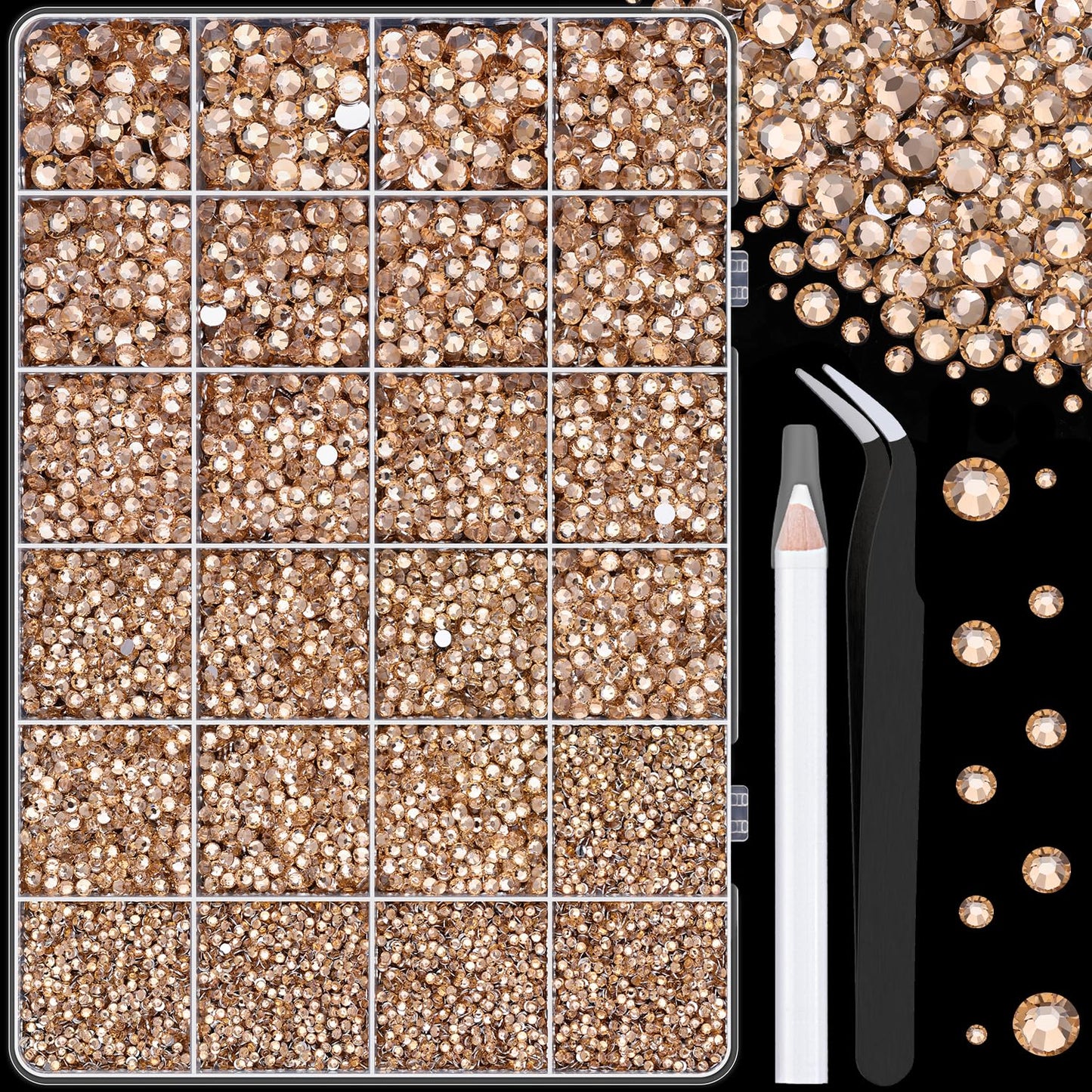 25000Pcs Resin Rhinestones with Tweezers for Crafting, Champagne 2-6mm Mixed Sizes Non Hotfix Flatback Gems, Bedazzling Crystal for DIY Craft Clothing Mugs Tumblers Shoes Fabric Decor Nail Art