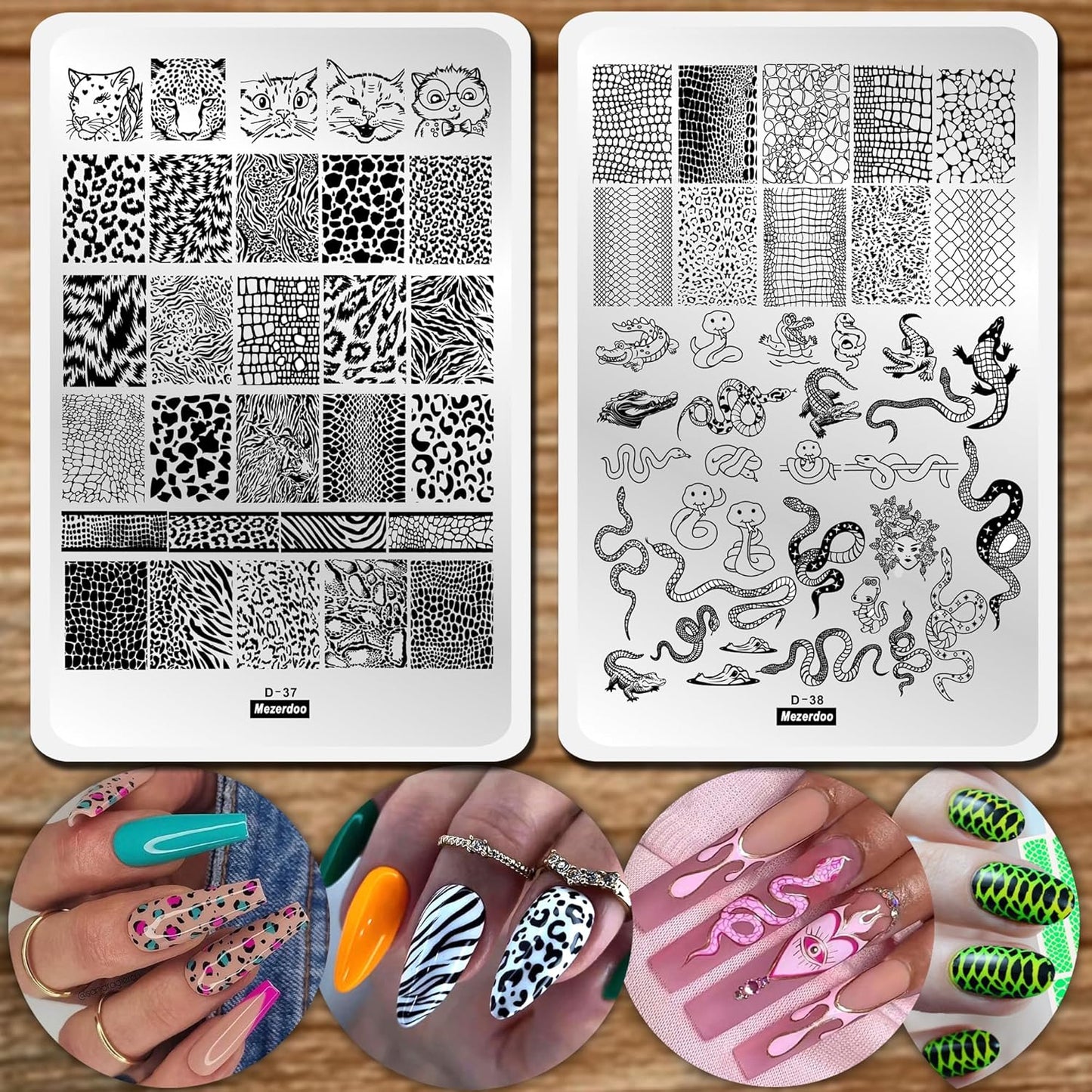 Leopard Snake Nail Stamping Plate Stencils for Nail Art Reusable 2Pcs Large Size Nail Stamper Plates Templates Cat Crocodiles Stripes Line Print Nail Design Stamp Plate Stainless Steel Nail Art Tools