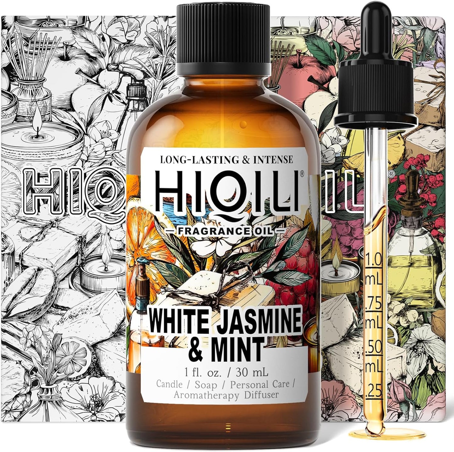 HIQILI White Jasmine & Mint Fragrance Oil for Diffuser, Candle, Soap & Perfume Making, Floral Herbal Scent with Fresh Tea Notes, Long-Lasting Scent - 1 Fl Oz