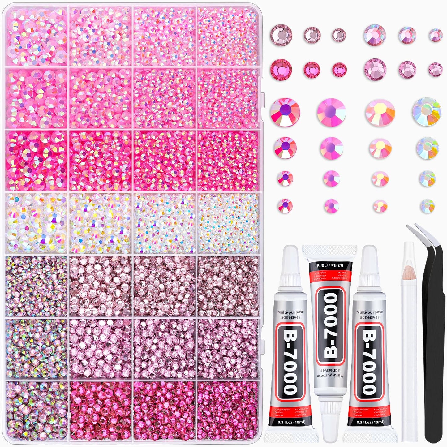 20000Pcs Pink Rhinestones for Bedazzling with 3Pcs B7000 Jewelry Glue, Resin Rhinestones for Crafting Crafts，Bedazzler Kit Flatback Gems for Clothing Shoes Tumblers Nail Art