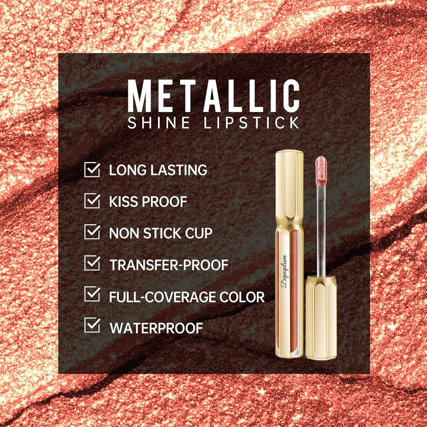 Bronze Lipsticks for Women Metallic Lipstick Long Lasting Non Stick Cup Lip Gloss, Metal Shine Lightweight Hydrating Full Coverage Lip Color, P103 Fantasy
