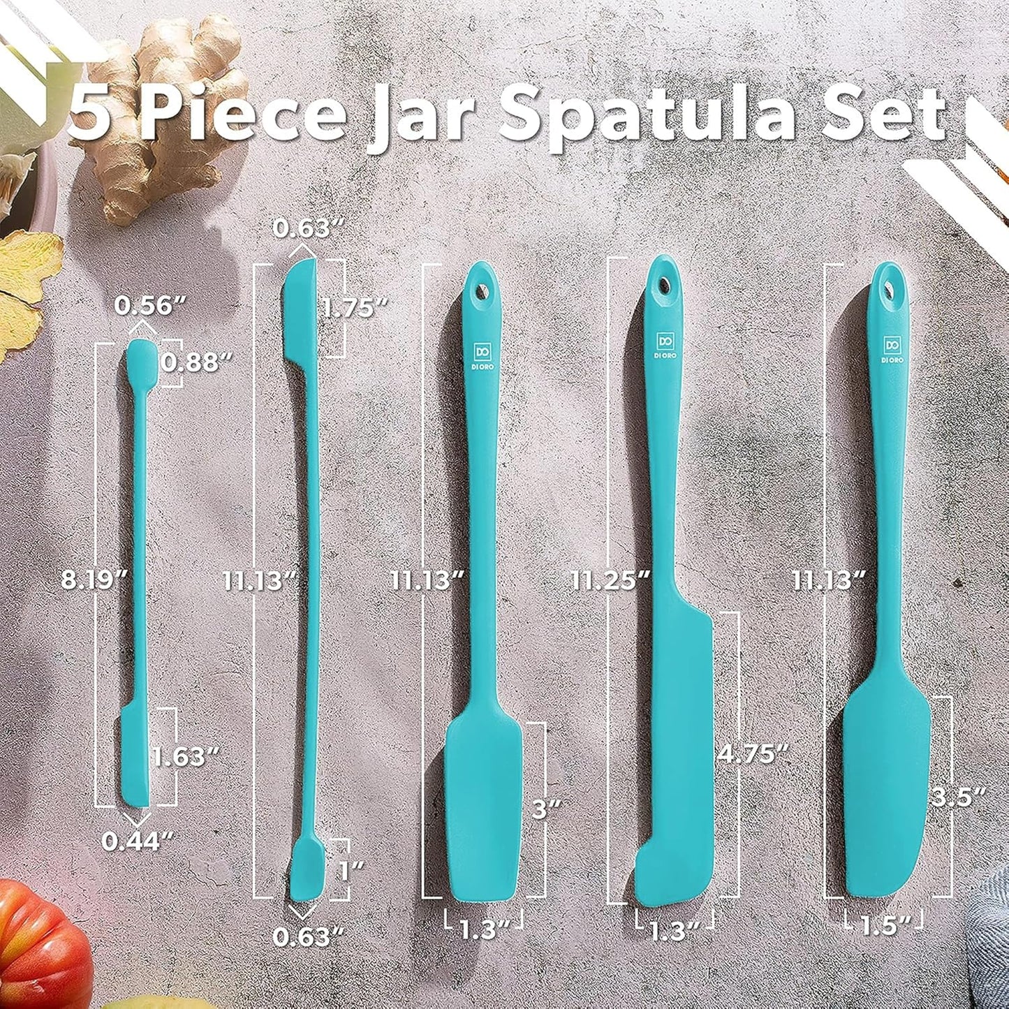 DI ORO Silicone Jar Spatulas for Scraping - Rubber Spatulas Silicone Heat Resistant - Kitchen Spatulas Nonstick Cookware Safe - Silicone Utensil Set for Blenders, Mixing, Baking, & Makeup (5pc, Teal)